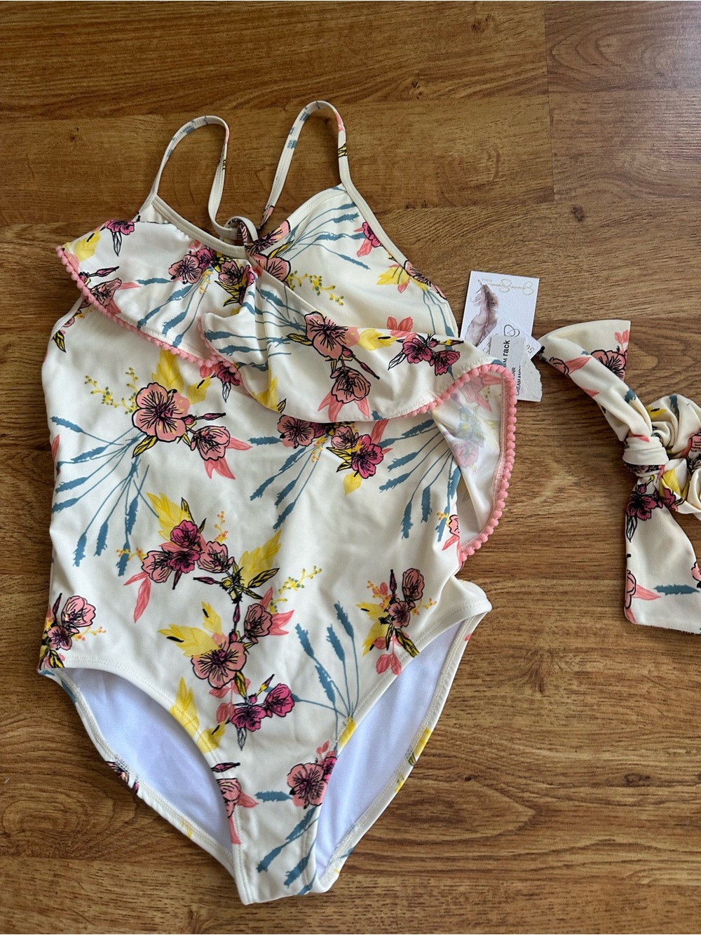 NWT Jessica Simpson Girls Cream Floral Bathing Suit w/Hair Accessory Size 14
